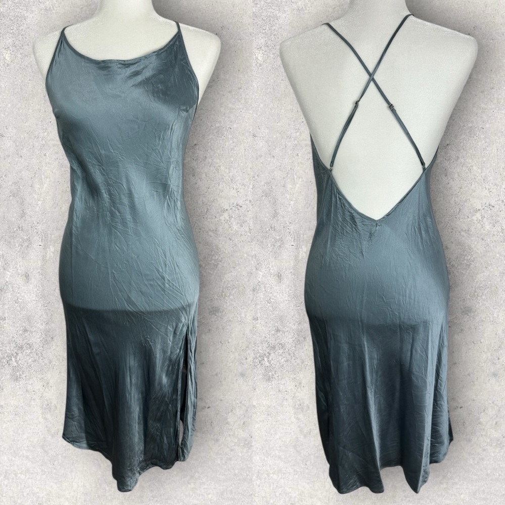 Silk‎ Maison 100% Silk Blue Slip Dress Size Medium Midi Length Side Slit Y2K 90s